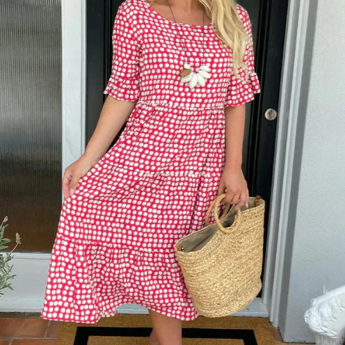 ZORA | MIDI-KLEID MIT KURZEN ÄRMELN IN SANDFARBEN